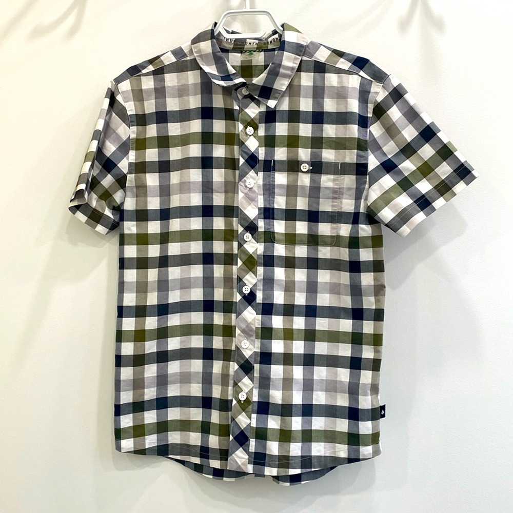 Checkered green blue grey woods short sleeve button down shirt